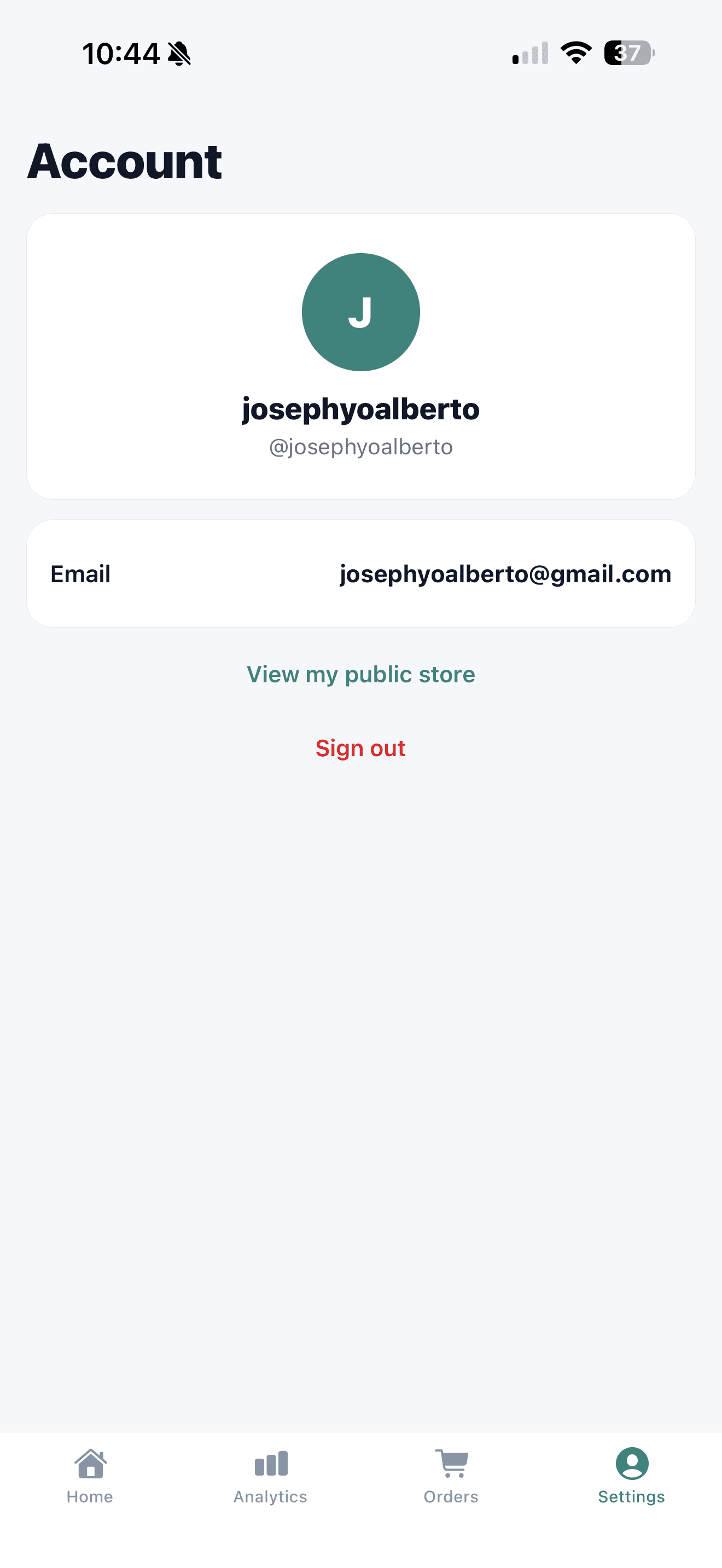PengDrop Seller app account screen with seller profile and public store link