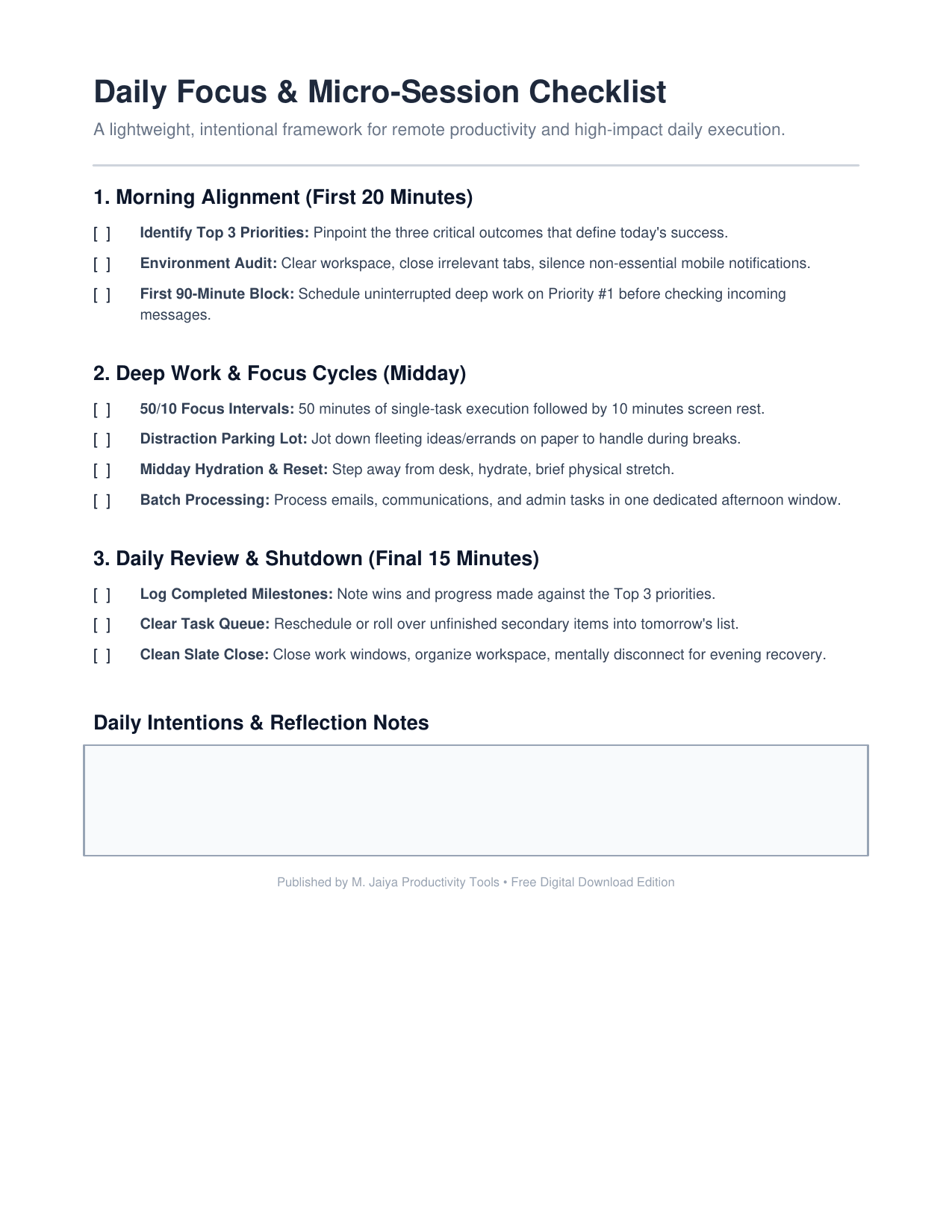 Daily Focus Checklist Daily Focus Checklist - Digital product available for instant download from mundeepjaiya's Store