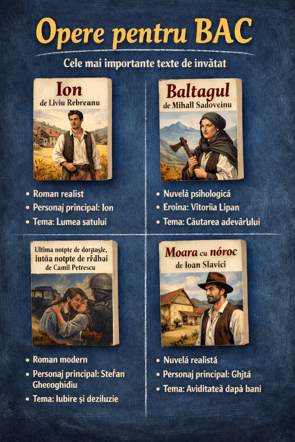 „Opere esențiale pentru BAC – Ion, Baltagul, Ultima noapte de dragoste, întâia noapte de război și Moara cu noroc” „Opere esențiale pentru BAC – Ion, Baltagul, Ultima noapte de dragoste, întâia noapte de război și Moara cu noroc” - Digital product available for instant download from Michaela Creations by Casy