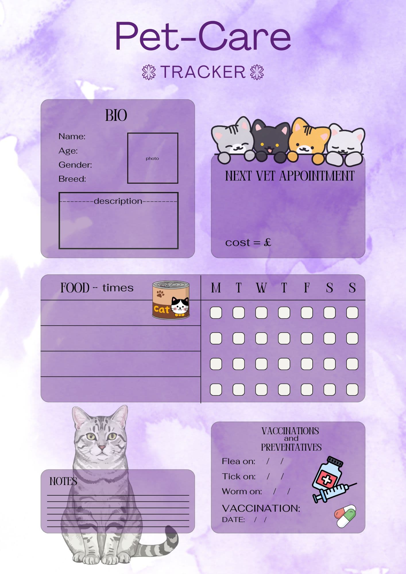 Cat Pet Care Tracker Cat Pet Care Tracker - Digital product available for instant download from Maze Supplies