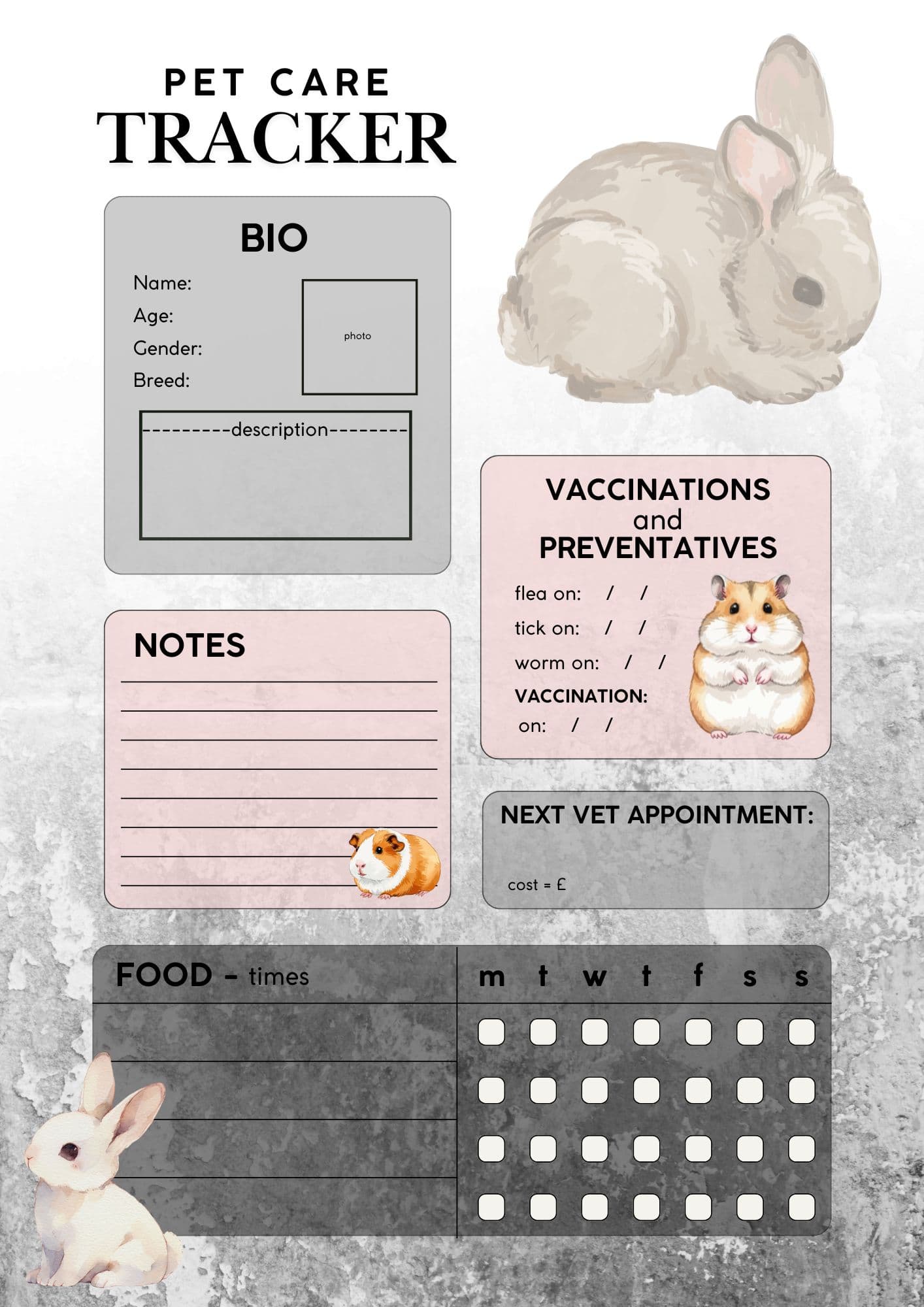 Rabbit/Hamster/Guinea pig Pet Care Tracker Rabbit/Hamster/Guinea pig Pet Care Tracker - Digital product available for instant download from Maze Supplies