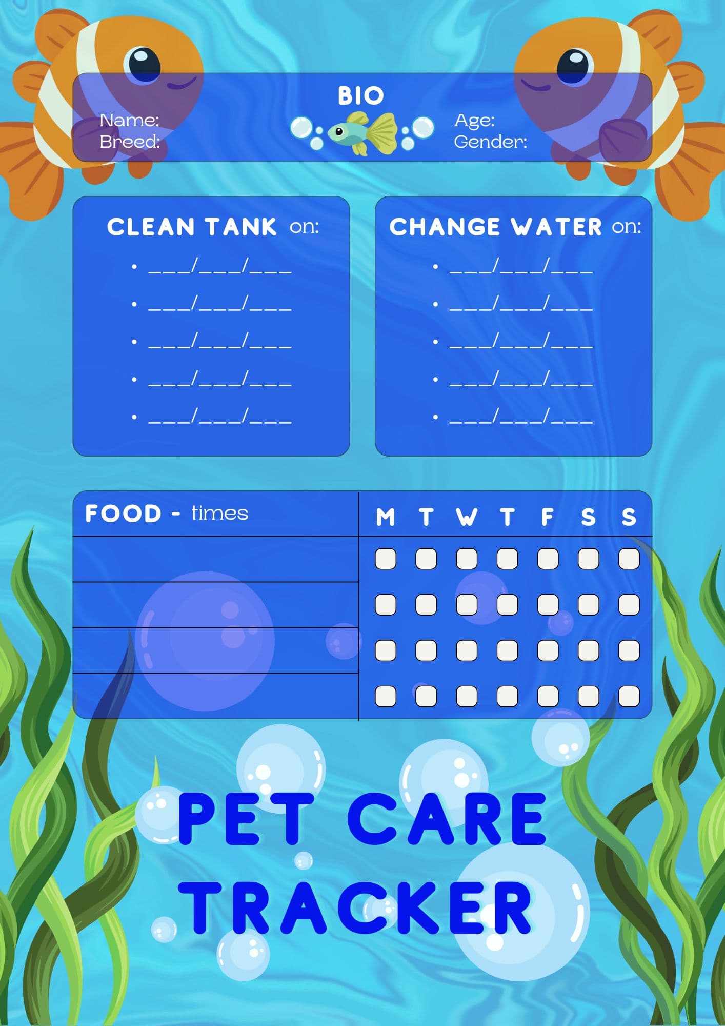 Fish Pet Care Tracker Fish Pet Care Tracker - Digital product available for instant download from Maze Supplies