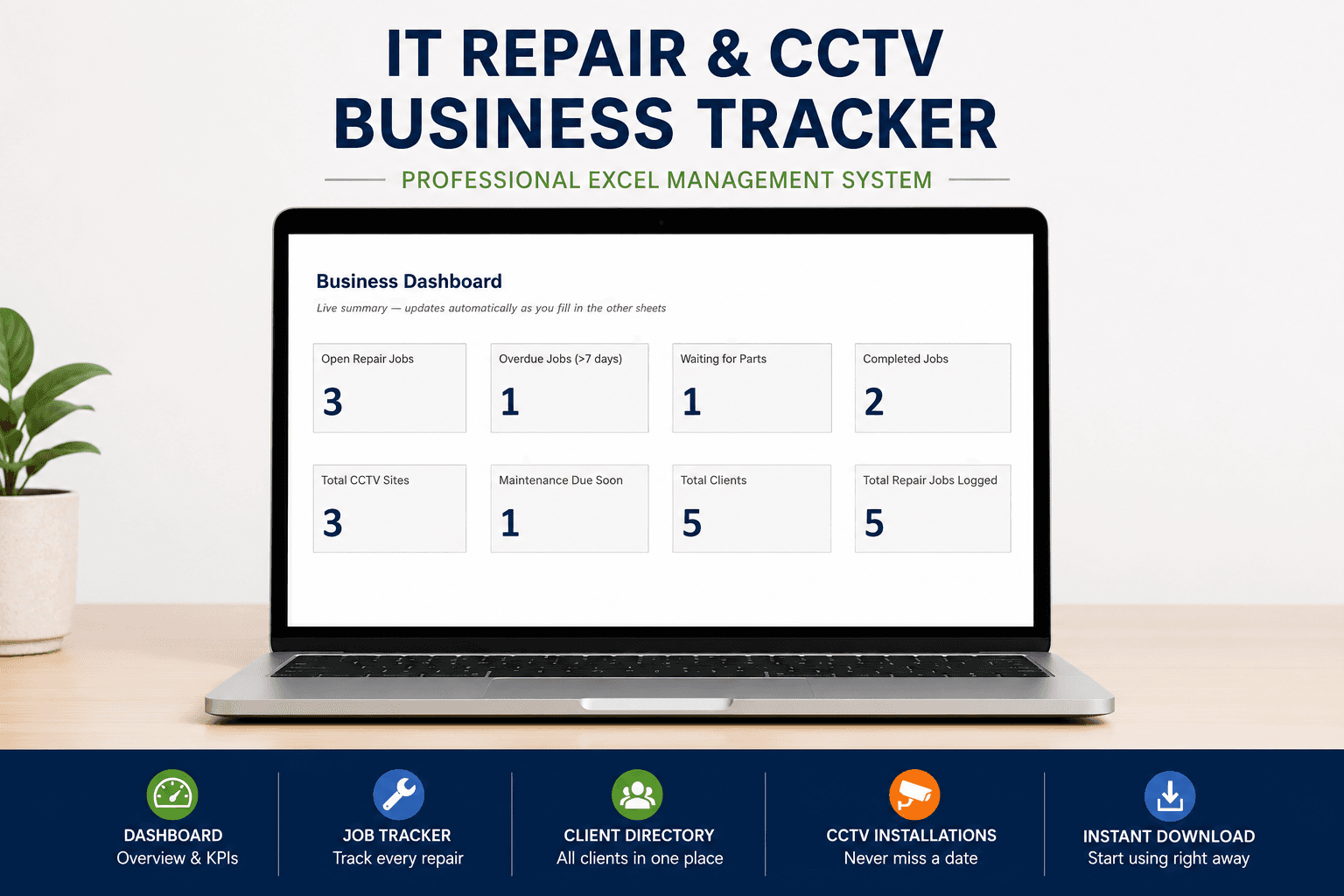 IT Repair & CCTV Business Tracker β Excel Template (Auto Job Status, Warranty & Maintenance Alerts) IT Repair & CCTV Business Tracker β Excel Template (Auto Job Status, Warranty & Maintenance Alerts) - Digital product available for instant download from IT technician and CCTV installer Store